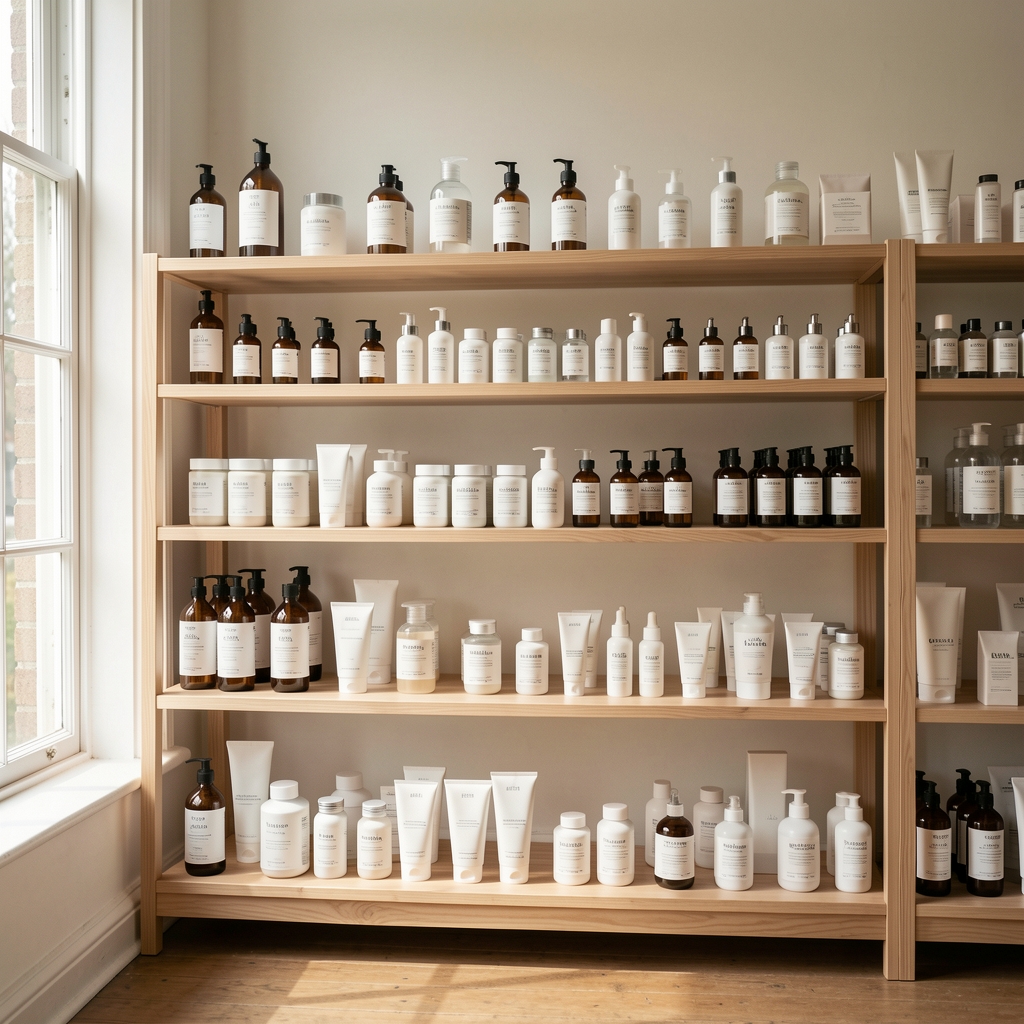 Independent wellness catalogue studio interior in London — clean shelves with cream and supplement products arranged in natural daylight